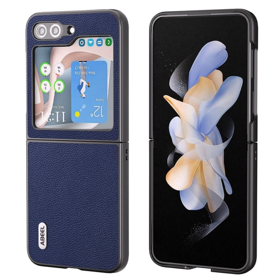 SaniMore for Samsung Galaxy Z Flip 5 (6.7" 2023) Case, Built-in Front Tempered Film, PU Leather Skin Weai-resistant Shockproof Drop Resistant Anti-scratch PC Backplane Slim Lightweight Cover, Darkblue