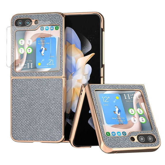 SaniMore for Samsung Galaxy Z Flip 5 (6.7" 2023) Case with Built-in Tempered Glass Protector,Glitter Bling Diamond PU Leather Shockproof Plating Bumper Stylish for Girls, Black