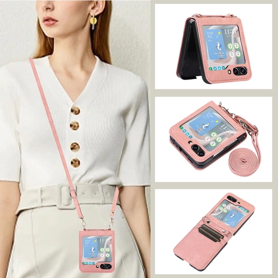 SaniMore for Samsung Galaxy Z Flip 5 6.7" 2023 Case, Detachable Crossbody Lanyard, PU Leather Card Holder, Shockproof Stylish Anti-fall Folding Cover for Z Flip 5, Pink