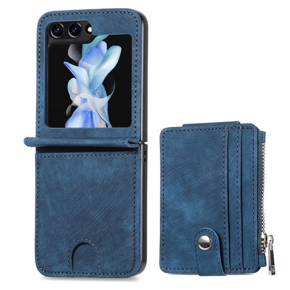 SaniMore for Samsung Galaxy Z Flip 5 6.7" 2023 Case, Detachable Zipper Wallet Card Slots Kickstand Wireless Charging Wear-resistant PU Leather Shockproof Folding Cover, Blue