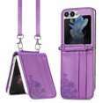 thumbnail image 1 of SaniMore for Samsung Galaxy Z Flip 5 (6.7" 2023) Case, PU Leather Skin with Card Slots Detachable Crossbody Lanyard Stylish Embossed Flower Anti-scratch Anti-drop Shockproof Girly Shell, Purple, 1 of 8