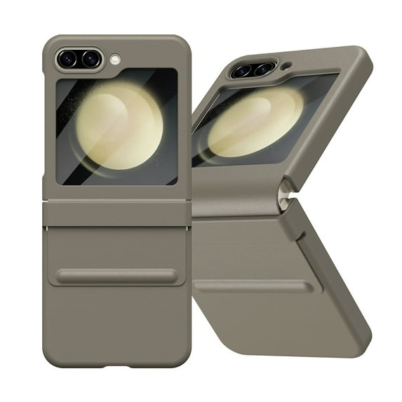 SaniMore for Samsung Galaxy Z Flip 5 (6.7" 2023) Case,PU Leather Skin Front Tempered Glass Screen Protector Hinge Protection Rugged PC Skin-feel Shockproof Anti-fall Shell, Brown