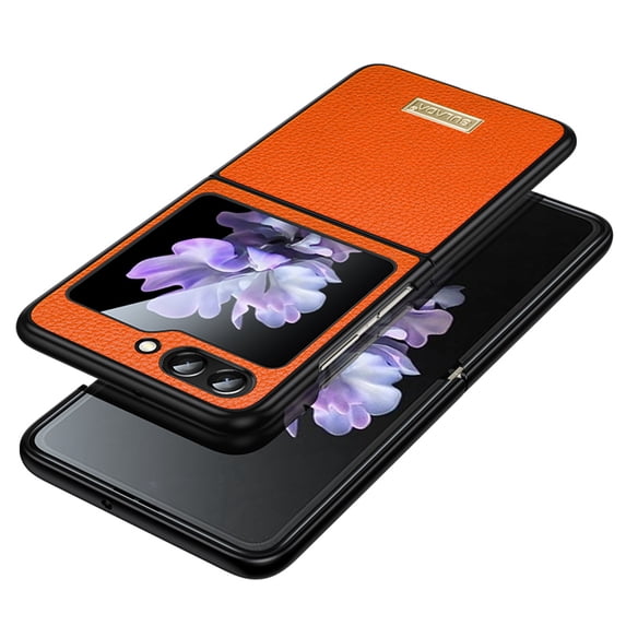 SaniMore for Samsung Galaxy Z Flip 5 (6.7" 2023) Case, PU Leather Skin & Metal Bumper Shockproof PC Backplane, Wireless Charging Slim Magnetic Vintage Shell, Anti-drop Anti-scratch Cover, Orange