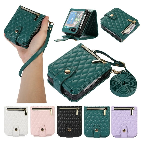 SaniMore for Samsung Galaxy Z Flip 5 (6.7" 2023) Case, PU Leather Zipper Cash Pocket, Crossbody Lanyard for Girls Women Card Slots, Stylish Shockproof Anti-drop Shell, Green