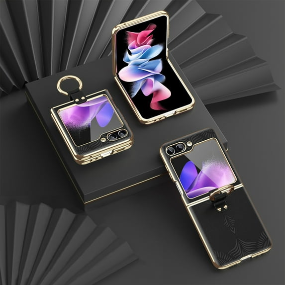 SaniMore for Samsung Galaxy Z Flip 5 (6.7" 2023) Case, Wear-resistant PU Leather Skin with Embossed Flower, 360 Degree Rotating Ring Kickstand, Slim Lightweight Shockproof Cover, Black