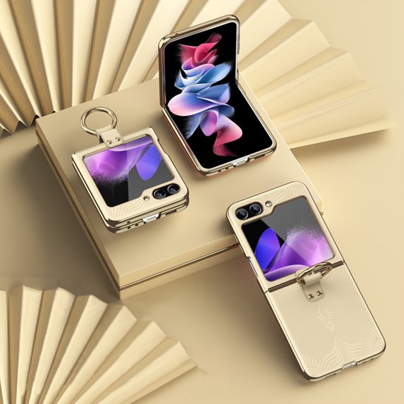 SaniMore for Samsung Galaxy Z Flip 5 (6.7" 2023) Case, Wear-resistant PU Leather Skin with Embossed Flower, 360 Degree Rotating Ring Kickstand, Slim Lightweight Shockproof Cover, Gold