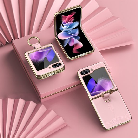 SaniMore for Samsung Galaxy Z Flip 5 (6.7" 2023) Case, Wear-resistant PU Leather Skin with Embossed Flower, 360 Degree Rotating Ring Kickstand, Slim Lightweight Shockproof Cover, Pink