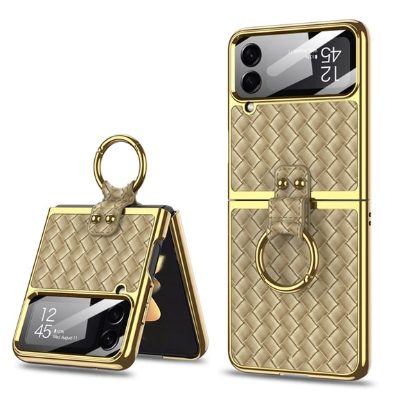 SaniMore for Samsung Galaxy Z Flip 5 (6.7" 2023) Case, Woven Leather Wear-resistant with Glass Screen Protector, 360° Rotaing Kickstand Holder, Shockproof Anti-fall Foldin Cover, Gold