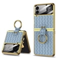 thumbnail image 1 of SaniMore for Samsung Galaxy Z Flip 5 (6.7" 2023) Case, Woven Leather Wear-resistant with Glass Screen Protector, 360° Rotaing Kickstand Holder, Shockproof Anti-fall Foldin Cover, Blue, 1 of 9