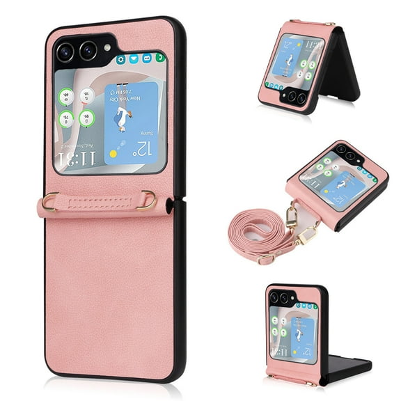 SaniMore for Samsung Galaxy Z Flip 5 (6.7" 2023) Phone Case, Retro PU Leather + Crossbody Lanyard, Shockproof Anti-fall Slim, Durable Wear-resistant Folding Shell for Galaxy Z Flip 5, Pink