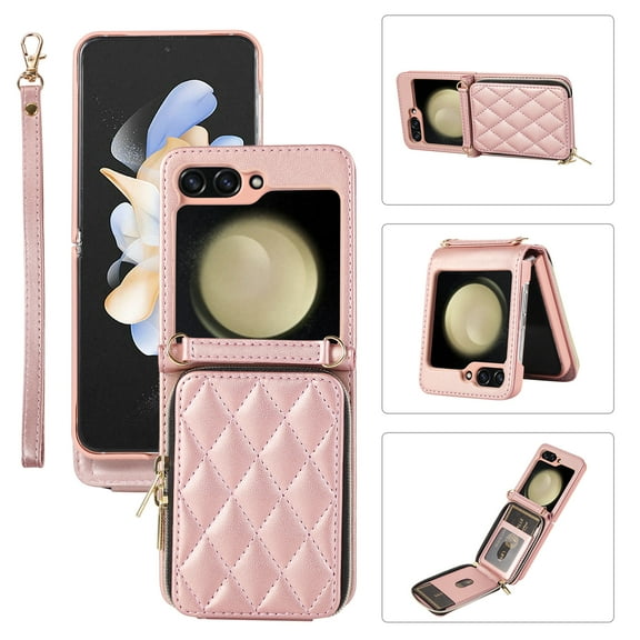 SaniMore for Samsung Galaxy Z Flip 5 Buisness Case, Zipper Purse [Card Holders] Magnetic Clasp Flip Kickstand Wrist/Crossbody Lanyard PU Leather Wear-resistant Full Protective Wallet Shell, Rosegold