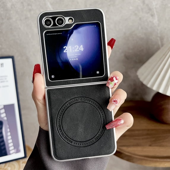 SaniMore for Samsung Galaxy Z Flip 5 Case, PU Leather with Hinge Protection, Wireless Charing Shockproof TPU Bumper for Girls Men Slim Anti-drop Magnetic Car Mount for Samsung Z Flip 5, Black