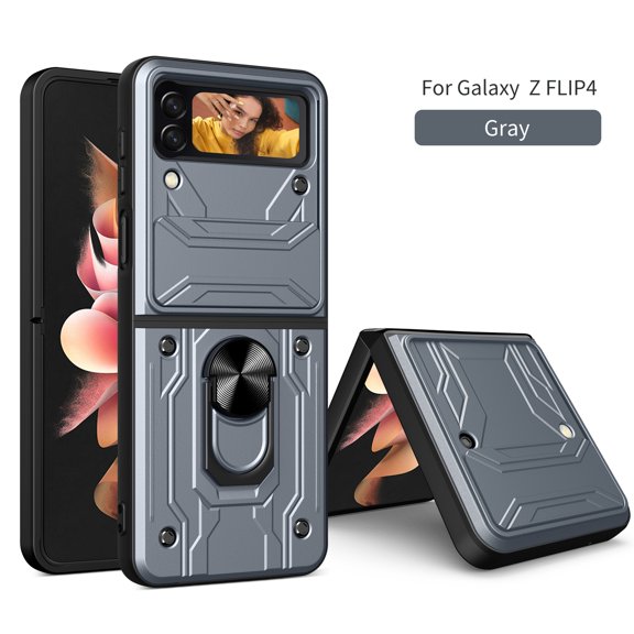 SaniMore for Samsung Galaxy Z Flip 5 Case with Sliding Camera Cover and Card Holder, Heavy Duty Protective Case with Ring Magnetic Kickstand Phone Case for Galaxy Z Flip 5 6.7" 2023, Gray