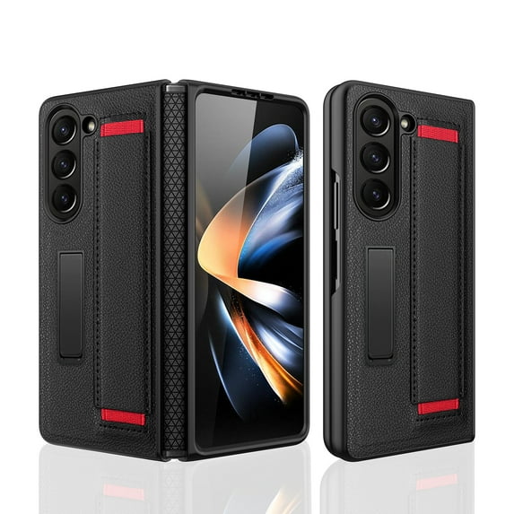 SaniMore for Samsung Galaxy Z Flip5 (6.7" 2023) Case, PU Lether Skin Stylish Retro, Hinge Protection, Wrist Strap, Foldale Bracket, TPU PC Hybird Full Body Protective Shockproof Shell, Black Red