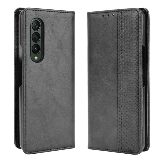 SaniMore Samsung Galaxy Z Fold 3 7.6" 2021 Case, Magnetic Folio PU Leather Cover with Card Slots Cash Pocket Stand Feature Full-body Protctive Shockproof Anti-fall Business Wallet Retro Shell, Black