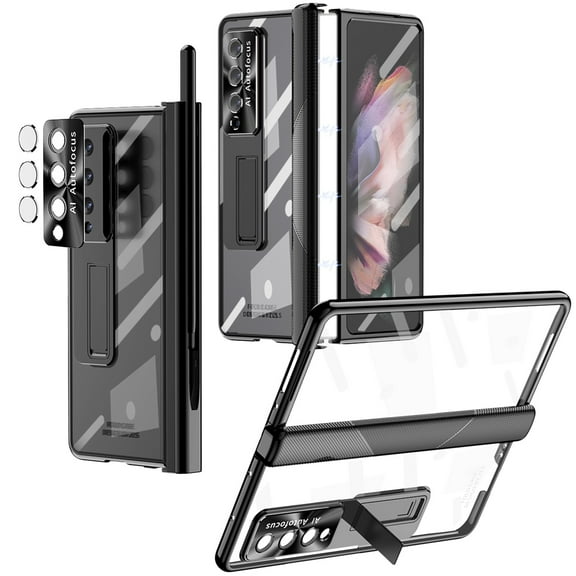 SaniMore for Samsung Galaxy Z Fold 3 7.6" 2021 Case with Pen Stylus, Hinge Protection Screen Protector Hidden Kickstand Pen Slot Electroplated Magnetic Crystal-clear Shockproof Case, Black