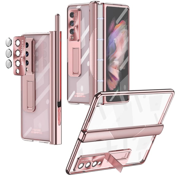 SaniMore for Samsung Galaxy Z Fold 3 7.6" 2021 Case with Pen Stylus, Hinge Protection Screen Protector Hidden Kickstand Pen Slot Electroplated Magnetic Crystal-clear Shockproof Case, Rosegold