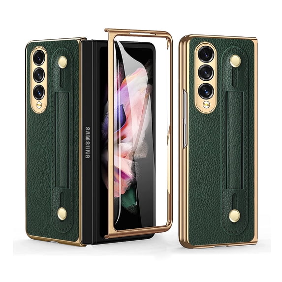 SaniMore for Samsung Galaxy Z Fold 3 7.6" Folding Case with Tempered Glass Screen, PU Leather Case for with Retractable Wristband & Anti-Slip Sticker Full Body Protective, Green
