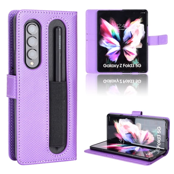 SaniMore for Samsung Galaxy Z Fold 3 7.6" PU Leather Case, Magnetic Closure Flip Wallet Cover with Wrist Strap Card Slot & Adjustable Kickstand All-Inclusive Protective Shell, Purple