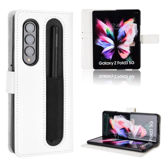 SaniMore for Samsung Galaxy Z Fold 3 7.6" PU Leather Case, Magnetic Closure Flip Wallet Cover with Wrist Strap Card Slot & Adjustable Kickstand All-Inclusive Protective Shell, White
