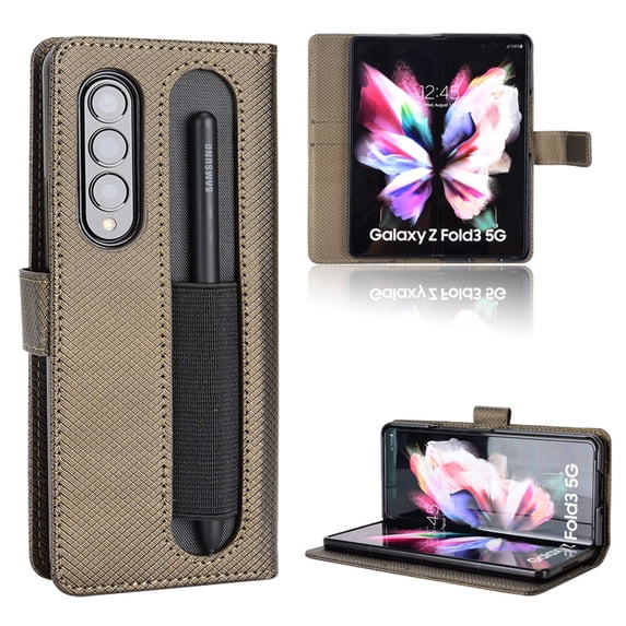 SaniMore for Samsung Galaxy Z Fold 3 7.6" PU Leather Case, Magnetic Closure Flip Wallet Cover with Wrist Strap Card Slot & Adjustable Kickstand All-Inclusive Protective Shell, Copper