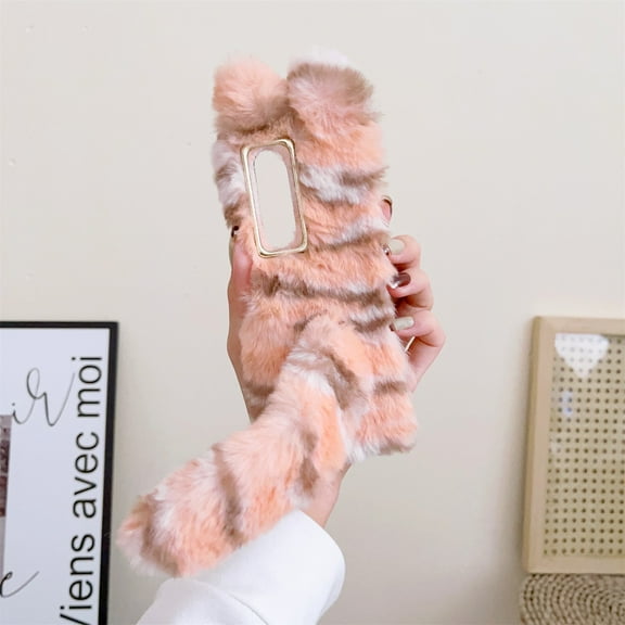 SaniMore for Samsung Galaxy Z Fold 3 7.6" Warm Cute Plush Tiger Tails Folding Case, Fluffy Furry Back Case for Samsung Z Fold 3 Full Body Protective Case Ladies Women Girls, Pink