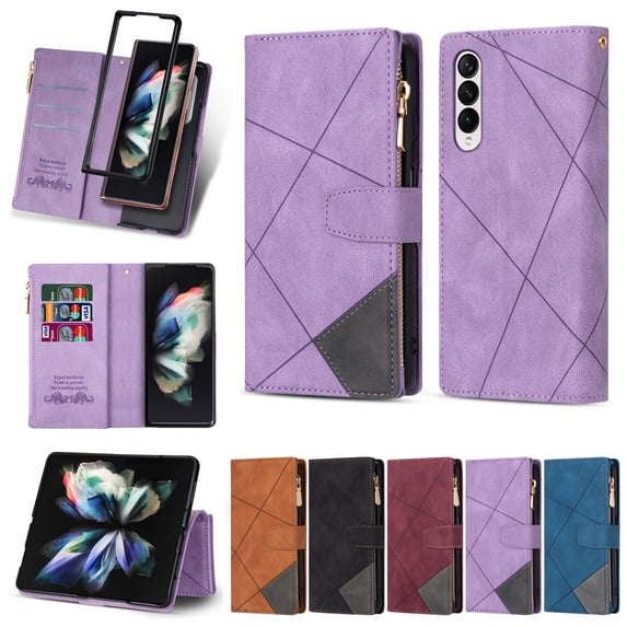 SaniMore for Samsung Galaxy Z Fold 3 Case with Card Slot, Line Stitching Metal Button Zipper Wallet PU Leather Cover with Folio Flip Kickstand + Hand Strap Shockproof Protective Shell, Purple