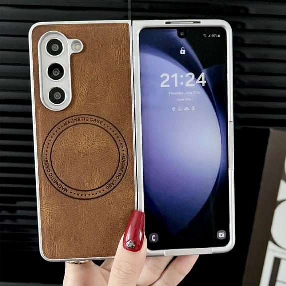 SaniMore for Samsung Galaxy Z Fold 3 Case, PU Leather with Hinge Protection, Wireless Charing Shockproof TPU Bumper for Girls Men Slim Anti-drop Magnetic Car Mount for Samsung Z Fold 3, Brown