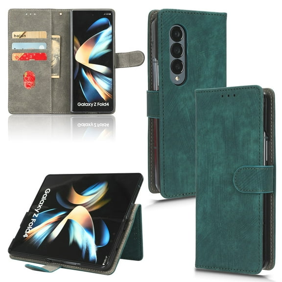 SaniMore for Samsung Galaxy Z Fold 3 Premium PU Leather Case, [RFID Blocking] Card Holder Magnetic Wallet Folio Cover for Samsung Z Fold 3 with Practical Bracket + Detachable Wrist Strap, Green