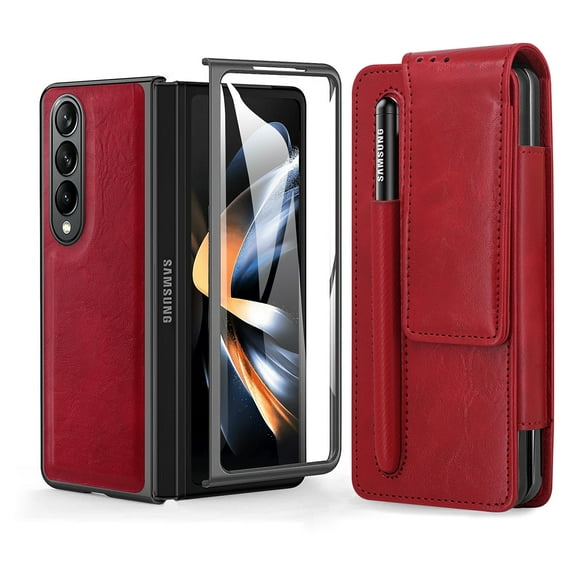SaniMore for Samsung Galaxy Z Fold 4 (7.6" 2022) Case, Built-in Tempered Glass Sreen Protector 360° Rotation Belt-clip Holster & Pen Holder Wear-resistant PU Leather Rugged PC Folding Shell, Red