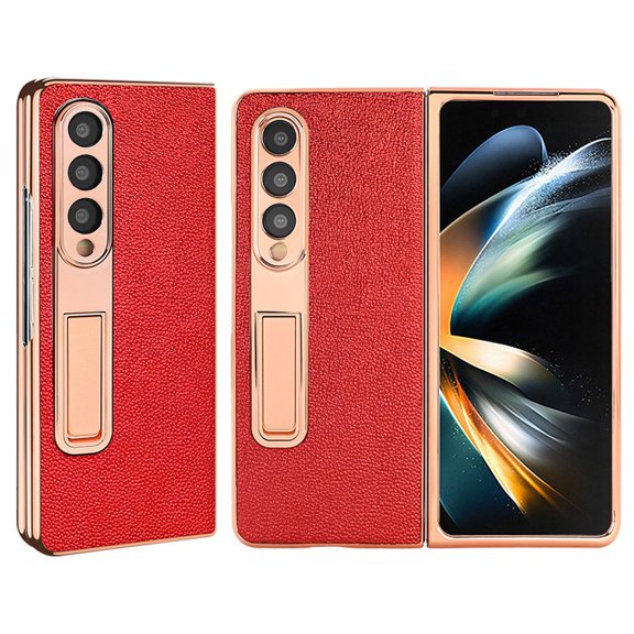 SaniMore for Samsung Galaxy Z Fold 4 (7.6" 2022) Case, Electroplate PU Leather Skin, Foldable Bracket Stand Shell, Slim Lightweight Shockroof Anti-fall Phone Cover for Galaxy Z Fold 4, Red