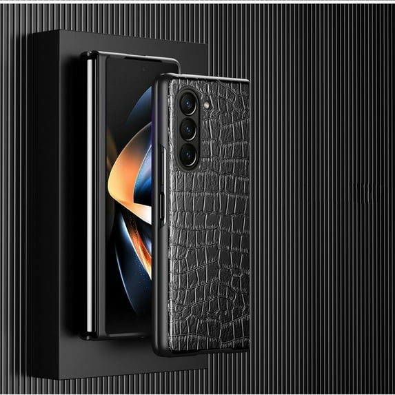 SaniMore for Samsung Galaxy Z Fold 4 (7.6" 2022) Case, PU Leather Crocodile Skin + Shockproof PC Backplane, Tough Rugged Anti-drop Slim Lightweight Wear-resistant Durable Fold Cover, Black