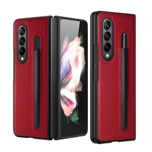 SaniMore for Samsung Galaxy Z Fold 4 (7.6" 2022) Case, PU Leather Skin & Hard PC Backplane Pencil Slot, Shockproof Anti-fall Wear-resistant Anti-scratch Folding Shell, Red