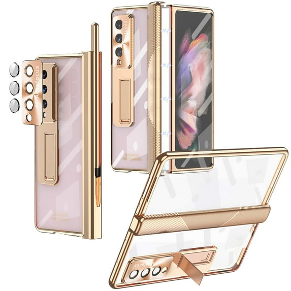 SaniMore for Samsung Galaxy Z Fold 4 7.6" 2022 Case with Pen Stylus, Hinge Protection Screen Protector Hidden Kickstand Pen Slot Electroplated Magnetic Crystal-clear Shockproof Case for Z Fold 4, Gold