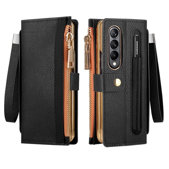 SaniMore for Samsung Galaxy Z Fold 4 7.6" 2022 Case, Prenium Leather Zipper Wallet Card Slot Wrist Strap Kickstand S Pen Holder Full Body Protective Shockproof Case for Galaxy Z Fold 4, Black