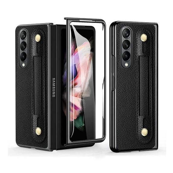 SaniMore for Samsung Galaxy Z Fold 4 7.6" Folding Case with Tempered Glass Screen, PU Leather Case for with Retractable Wristband & Anti-Slip Sticker Full Body Protective, Black