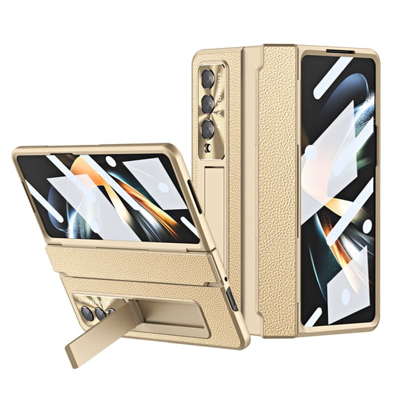 SaniMore for Samsung Galaxy Z Fold 4 7.6" Folding Magnetic Hinge Protection Case with Tempered Glass Film, PU Leather Cover with Wireless Charging & Kickstand Full Body Protective Shell, Gold