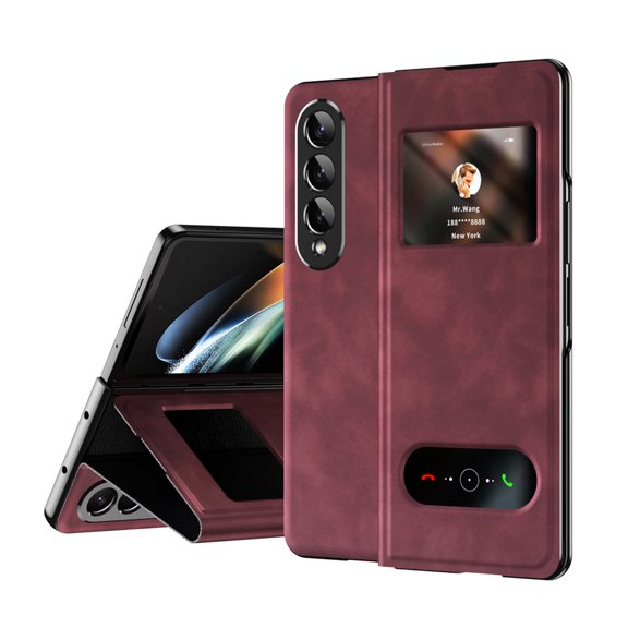 SaniMore for Samsung Galaxy Z Fold 4 7.6" Maghetic Flip Folding Case, Nappa Leather Case for with Hidden Kickstand Full Body Protective Cover for Samsung Z Fold 4 Ladies Men, Winered