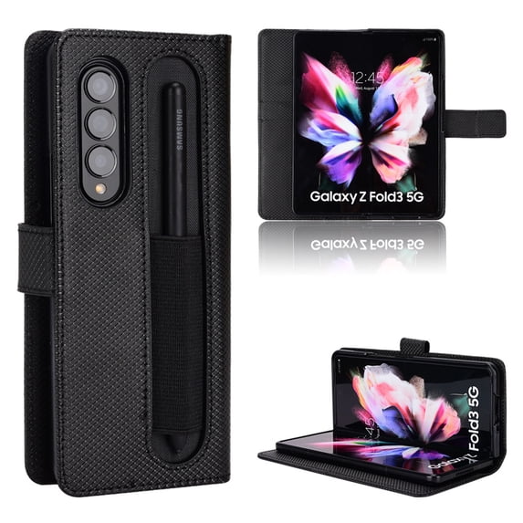 SaniMore for Samsung Galaxy Z Fold 4 7.6" PU Leather Case, Magnetic Closure Flip Wallet Cover with Wrist Strap Card Slot & Adjustable Kickstand All-Inclusive Protective Shell, Black
