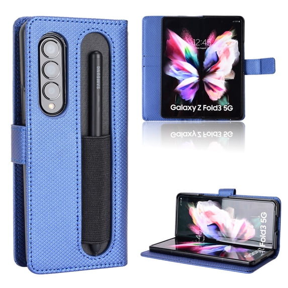 SaniMore for Samsung Galaxy Z Fold 4 7.6" PU Leather Case, Magnetic Closure Flip Wallet Cover with Wrist Strap Card Slot & Adjustable Kickstand All-Inclusive Protective Shell, Blue
