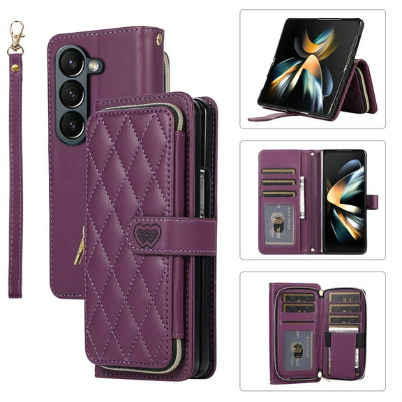 SaniMore for Samsung Galaxy Z Fold 4 Buisness Case, Zipper Purse [Card Holders] Magnetic Clasp Flip Kickstand Wrist/Crossbody Lanyard PU Leather Wear-resistant Full Protective Wallet Shell, Darkpurple