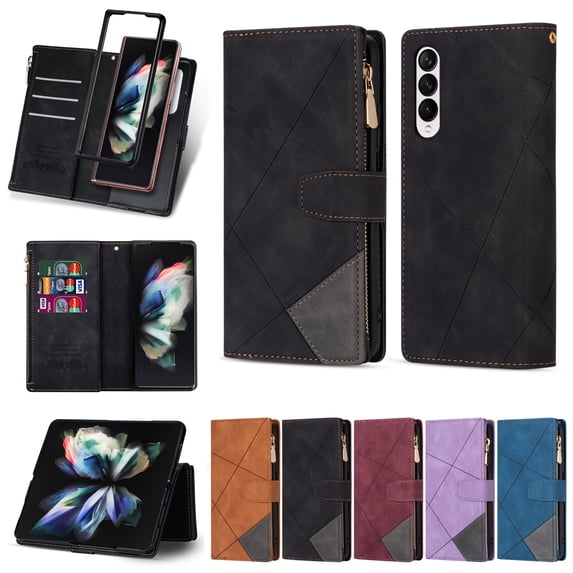 SaniMore for Samsung Galaxy Z Fold 4 Case with Card Slot, Line Stitching Metal Button Zipper Wallet PU Leather Cover with Folio Flip Kickstand + Hand Strap Shockproof Protective Shell, Black