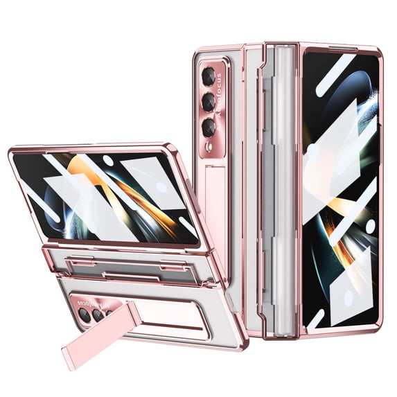 SaniMore for Samsung Galaxy Z Fold 4 Folding Magnetic HD Transparent Case with Tempered Glass Film, Rugged PC Cover with Wireless Charging & Kickstand Full Body Protective Shell, Rosegold