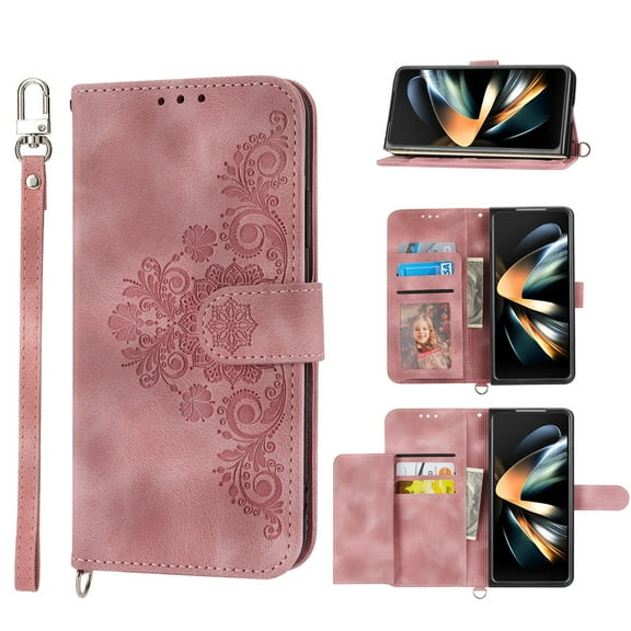 SaniMore for Samsung Galaxy Z Fold 4 Magnetic Flip Wallet Case with Cross Body Strap, PU Leather Case with Card Slot & Multi-Angle Kickstand Shockproof Protective Case for Girls Ladies, Pink