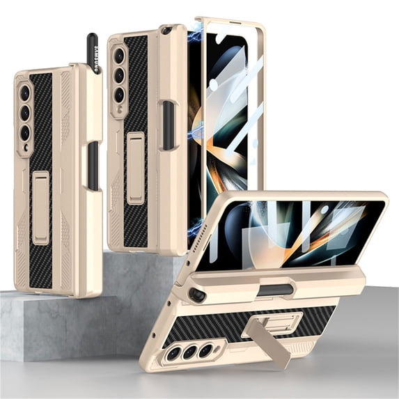 SaniMore for Samsung Galaxy Z Fold 4 Magnetic Folding Case with Wireless Charging, Rugged PC Cover with Tempered Glass Film & Pen Holder Kickstand Military Grade Shockproof Protective Shell, Gold