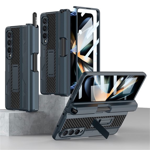 SaniMore for Samsung Galaxy Z Fold 4 Magnetic Folding Case with Wireless Charging, Rugged PC Cover with Tempered Glass Film & Pen Holder Kickstand Military Grade Shockproof Protective Shell, Darkgreen