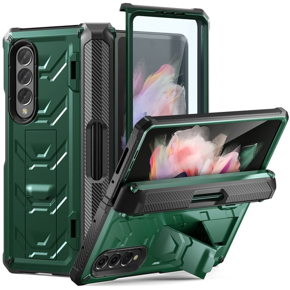 SaniMore for Samsung Galaxy Z Fold 4 Tempered Glass Screen Case, Rugged PC Case with Pen Holder Adjustable Kickstand Wireless Charging Shockproof Protective Case for Samsung Z Fold 4, Armygreen