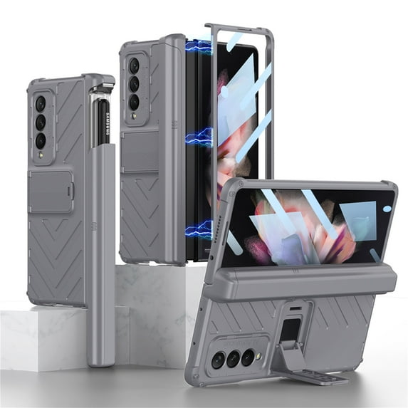 SaniMore for Samsung Galaxy Z Fold 4 Tempered Glass Screen Case, Rugged PC Case with Pen Holder Adjustable Kickstand Wireless Charging Shockproof Protective Case for Samsung Z Fold 4, Gray