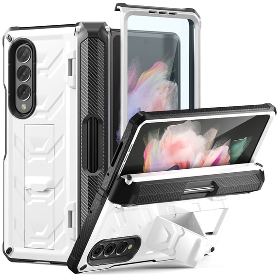 SaniMore for Samsung Galaxy Z Fold 4 Tempered Glass Screen Case, Rugged PC Case with Pen Holder Adjustable Kickstand Wireless Charging Shockproof Protective Case for Samsung Z Fold 4, White