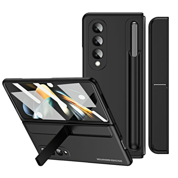 SaniMore for Samsung Galaxy Z Fold 4 Tempered Glass Screen Case, Rugged PC Case with Pen Holder Invisible Adjustable Kickstand Shockproof Protective Case for Samsung Z Fold 4, Black